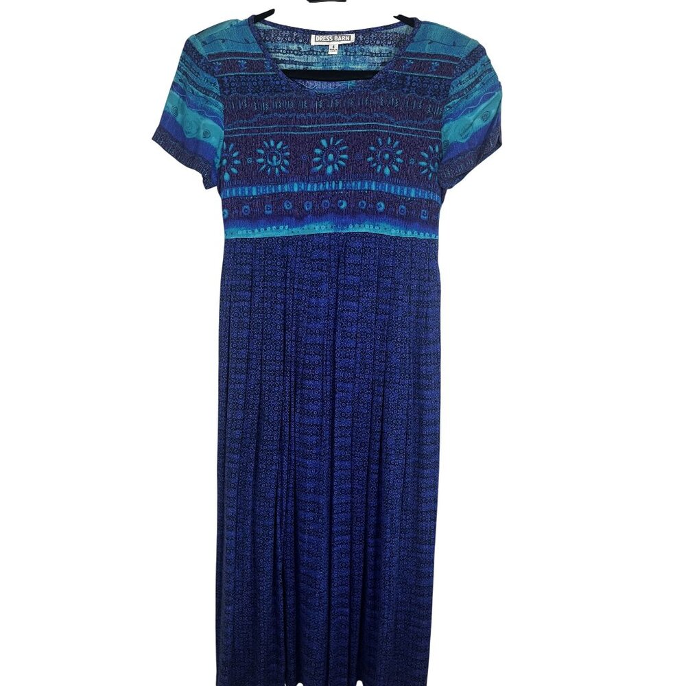 Colorful Floral Dress 6 Blue Retro Boho Indie Folk Peasant Cottage Tropical 80s